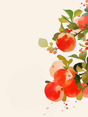 JPG 식물 백그라운드 잎 과일 일러스트 자연 수채화 장식 빨간색 원형 분위기 그림 부드러움 조화 색감 국내일러스트 AI일러스트 AI콘텐츠 도형 컬러 컨셉 감각 생태계 파일형식