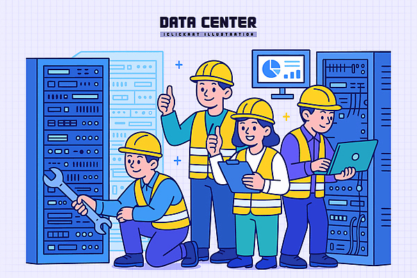 일러스트 협력 기술 관리 정보기술 컴퓨터 장비 작업 네트워크 기술자 전문직 안전모 시스템 점검 문제해결 서버 작업자 국내일러스트 AI파일 직업 전자제품 헬멧 안전장비 파일형식 벡터