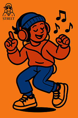 패션 행복 음악 포즈 일러스트 모션 청소년 소년 주황색 헤드폰 에너지 자유 표현 춤 즐거움 감성 리듬 스타일 국내일러스트 AI파일 남자 감정 어린이 컬러 음향기기 컨셉 문화예술 사람 파일형식 벡터