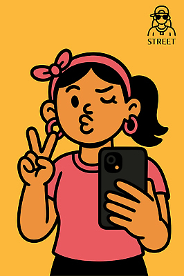 패션 분홍색 컬러 포즈 백그라운드 일러스트 장신구 손가락 표정 웃음 소녀 스마트폰 노란색 평화 머리띠 셀프카메라 즐거움 상쾌 밝은색 국내일러스트 AI파일 손 여자 감정 어린이 컨셉 핸드폰 스마트기기 사진촬영 파일형식 벡터