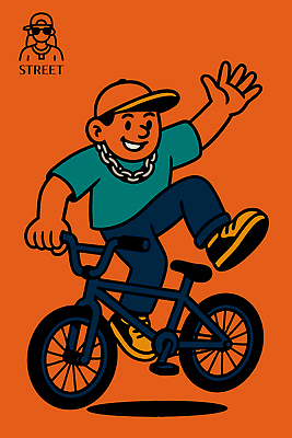 패션 상징 일러스트 모션 놀이 거리 웃음 소년 청춘 운동 자전거 주황색 활발 자유 즐거움 손흔들기 액션 국내일러스트 AI파일 남자 감정 어린이 컬러 컨셉 표정 건강 바이크 파일형식 벡터