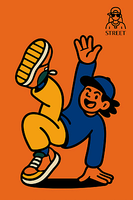 문화 어린이 스포츠 포즈 일러스트 놀이 소년 캐주얼 여름 친구 청춘 주황색 활발 표현 춤 즐거움 개성 창의력 액티비티 스트릿댄스 국내일러스트 AI파일 옷 계절 남자 감정 컬러 컨셉 관계 문화예술 사람 파일형식 벡터