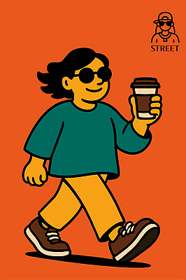 손 여유 커피 신발 일러스트 사람 일상 그래픽 선글라스 걷기 주황색 활발 카페 도시 모던 개성 스타일 국내일러스트 AI파일 감정 안경 음료 컬러 컨셉 모션 라이프 신체부위 상점 파일형식 벡터