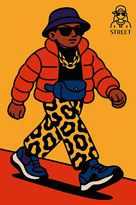 캐릭터 옷 패션 남자 컬러 백그라운드 신발 패턴 일러스트 장신구 바지 힙합 선글라스 걷기 사각형 자신감 레오파드 스타일 스트리트패션 일러캐릭터 AI파일 도형 감정 안경 음악 무늬 모션 하의 사람 파일형식 벡터