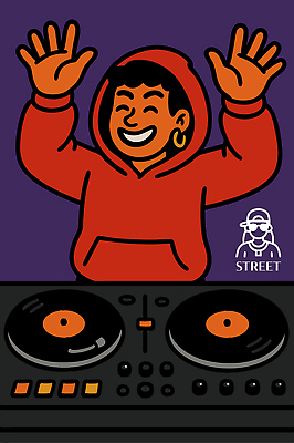 문화 예술 음악 하늘색 일러스트 여러명 캐주얼 파티 주황색 공연 도시 DJ 즐거움 거리공연 턴테이블 리듬 창작 환기구 국내일러스트 AI파일 옷 감정 컬러 다수 문화예술 사람 이벤트 파란색 환풍기 파일형식 벡터