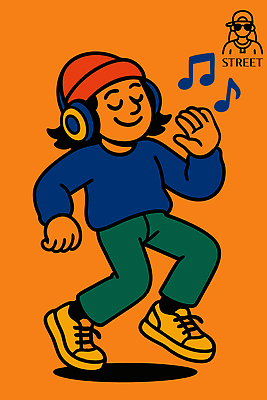 캐릭터 옷 행복 문화 예술 음악 컬러 백그라운드 일러스트 장신구 모션 표정 소풍 주황색 헤드폰 춤 즐거움 리듬 일러캐릭터 AI파일 감정 음향기기 문화예술 야외활동 파일형식 벡터