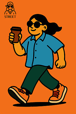 캐릭터 디자인 남자 문화 여유 커피 백그라운드 운동화 일러스트 모션 아웃도어 그래픽 캐주얼 선글라스 유행 걷기 주황색 다양 스타일 일러캐릭터 AI파일 옷 감정 안경 음료 컬러 다수 신발 사람 파일형식 벡터