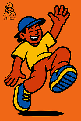 캐릭터 행복 신발 일러스트 모션 웃음 소년 청춘 주황색 매력적 에너지 표현 춤 즐거움 활기 스타일 스트리트패션 일러캐릭터 AI파일 패션 남자 감정 어린이 컬러 컨셉 문화예술 표정 파일형식 벡터