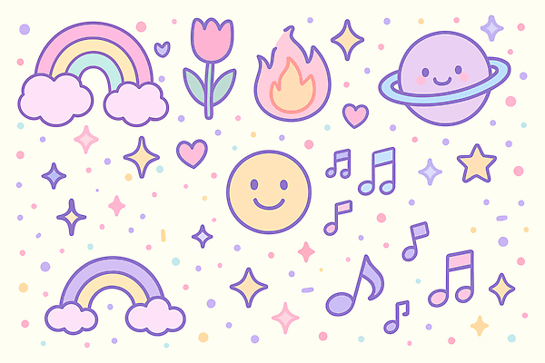 구름 기호 디자인 꽃 별 예술 음악 컬러 무지개 패턴 일러스트 자연 하늘 불꽃 미소 귀여움 행성 그림 손그림 국내일러스트 AI파일 자연요소 식물 문자 컨셉 무늬 불 문화예술 표정 우주 생태계 파일형식 벡터