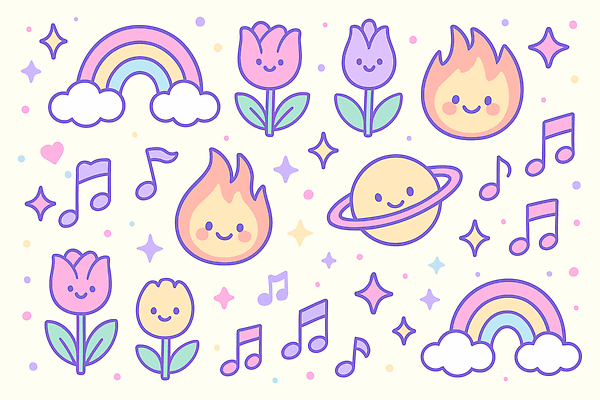 캐릭터 디자인 꽃 예술 음악 컬러 백그라운드 무지개 패턴 일러스트 불꽃 귀여움 행성 부드러움 뷰티풀 스타일 아기자기 일러캐릭터 AI파일 자연요소 식물 컨셉 무늬 불 문화예술 우주 감각 파일형식 벡터