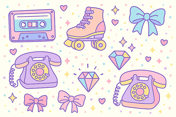 디자인 리본 패턴 일러스트 소녀 장식 컬러풀 스케이트 빈티지 전화기 오브젝트 그림 복고 다이아몬드 부드러움 아이템 색감 몽환 스타일 국내일러스트 AI파일 여자 어린이 스포츠용품 컬러 컨셉 무늬 감각 보석 파일형식 벡터