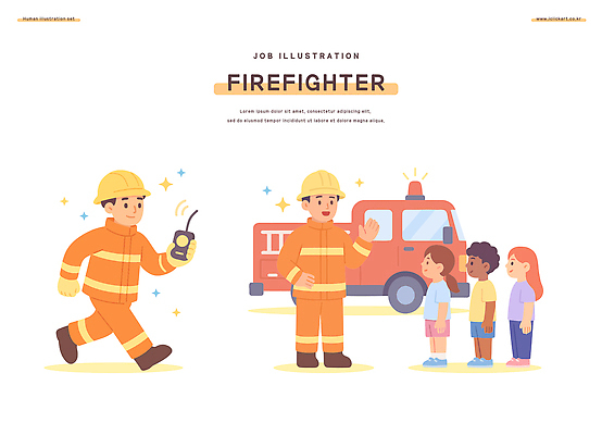 직업 캐릭터 교육 어린이 일러스트 커뮤니케이션 설명 안전 일상 구출 소방관 연습 예방 화재 소방차 소통 구급 심폐소생술 역할 의무 일러캐릭터 AI파일 컨셉 모션 자동차 사람 라이프 도움 구조원 소방 사건 파일형식 벡터