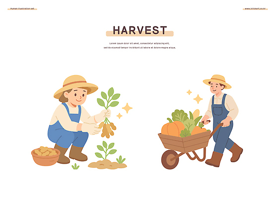 농업 채소 과일 일러스트 자연 날씨 씨앗 농작물 농장 경작 농사 흙 수레 수확 작업 농부 땅 수확철 국내일러스트 AI파일 식물 직업 산업 카트 생태계 파일형식 벡터