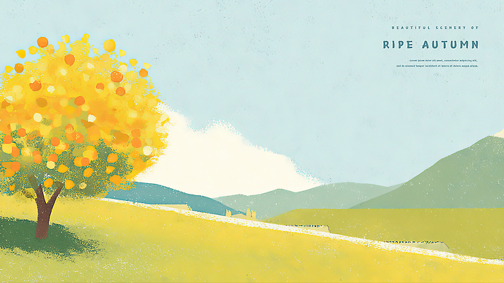PSD 나무 열매 여유 일러스트 자연 하늘 풍경 초원 초록색 햇빛 노란색 평화 가을 언덕 조화 색감 풍경화 국내일러스트 식물 계절 감정 컬러 컨셉 태양 그림 생태계 파일형식