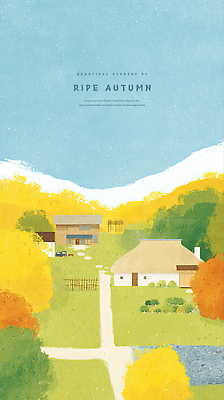 PSD 나무 전통 도로 단풍 일러스트 자연 하늘 산 풍경 초원 평화 마을 고요 금색 가을 시골 조화 뷰티풀 풍요 국내일러스트 식물 계절 길 컬러 컨셉 잎 교통시설 생태계 파일형식