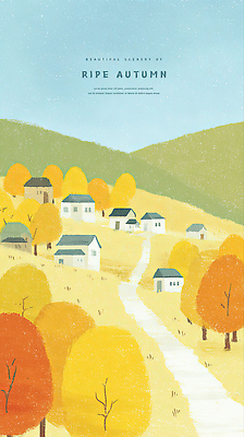 PSD 나무 무료이미지 컬러 일러스트 자연 하늘 날씨 산 주택 풍경 초원 일상 노란색 평화 마을 주황색 가을 시골 지역 뷰티풀 국내일러스트 식물 계절 컨셉 건물 라이프 생태계 파일형식 무료콘텐츠