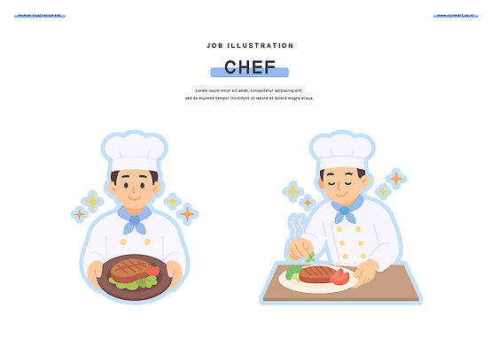 직업 캐릭터 음식 일러스트 스테이크 요리 주방 레스토랑 요리사 식사 맛 고객 서비스 레시피 요리준비 전문 플레이트 일러캐릭터 AI파일 컨셉 서양음식 식당 준비 스키용품 파일형식 벡터