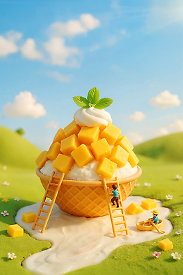 JPG 편집이미지 조각 자연 아이스크림 디저트 풍경 여름 소풍 3D 촬영 미니어처 망고 아이스크림콘 조화 편집3D AI포토 AI콘텐츠 계절 음식 야외활동 모형 디지털합성 열대과일 생태계 콘 파일형식