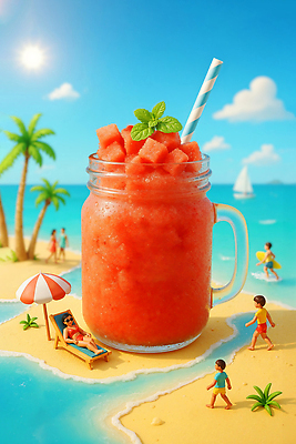 JPG 편집이미지 음료 모래 바다 과일 놀이 휴식 열대 수박 해변 여름 햇빛 3D 슬러쉬 편집3D AI포토 AI콘텐츠 계절 컨셉 태양 디지털합성 파일형식