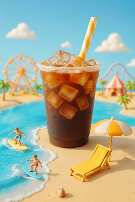 JPG 편집이미지 음료 바다 여행 아이스크림 해변 여름 파란색 태양 3D 모형 미니어처 서핑 놀이기구 즐거움 아이스커피 편집3D AI포토 AI콘텐츠 자연요소 계절 감정 커피 컬러 디저트 수상스포츠 디지털합성 파일형식