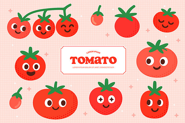 캐릭터 디자인 감정 컬러 백그라운드 토마토 채소 과일 일러스트 표정 웃음 귀여움 만화 즐거움 오브젝트 그림 생동감 일러캐릭터 AI파일 컨셉 파일형식 벡터