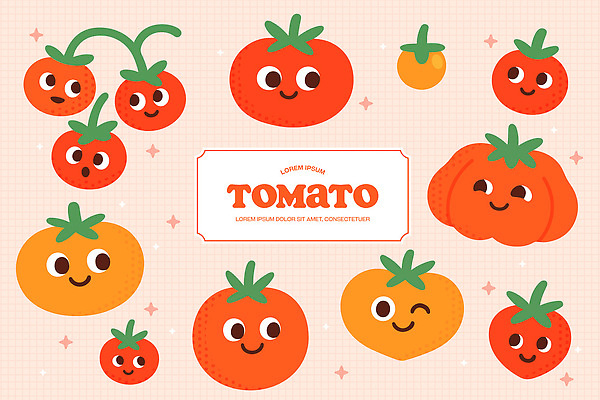 식물 동물 캐릭터 디자인 음식 컬러 토마토 채소 일러스트 자연 표정 그래픽 농작물 귀여움 다양 유머 즐거움 애니메이션 창의력 일러캐릭터 AI파일 감정 다수 컨셉 농업 생태계 파일형식 벡터