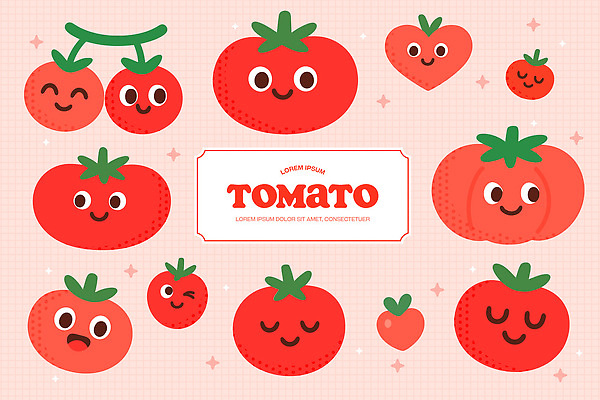 캐릭터 디자인 상징 분홍색 백그라운드 토마토 채소 과일 일러스트 표정 사랑 그래픽 장식 귀여움 유머 즐거움 그림 조화 색감 생동감 아기자기 일러캐릭터 AI파일 감정 컬러 컨셉 파일형식 벡터