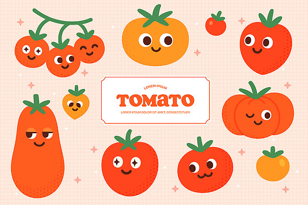 모양 캐릭터 디자인 감정 음식 컬러 토마토 채소 오렌지 일러스트 표정 웃음 빨간색 농작물 귀여움 주방 다양 표현 즐거움 일러캐릭터 AI파일 다수 컨셉 농업 과일 파일형식 벡터