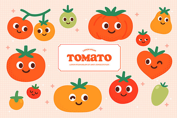캐릭터 디자인 감정 컬러 백그라운드 토마토 채소 일러스트 표정 농작물 귀여움 만화 즐거움 그림 심플 애니메이션 창의성 일러캐릭터 AI파일 컨셉 농업 파일형식 벡터