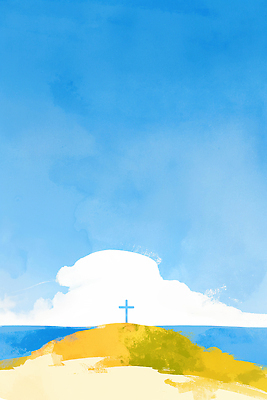 JPG 종교 바다 여행 십자가 일러스트 자연 하늘 풍경 해변 여름 파란색 평화 일출 고요 언덕 예배 카리브해 색감 경관 국내일러스트 AI일러스트 AI콘텐츠 계절 컬러 컨셉 노을 생태계 파일형식