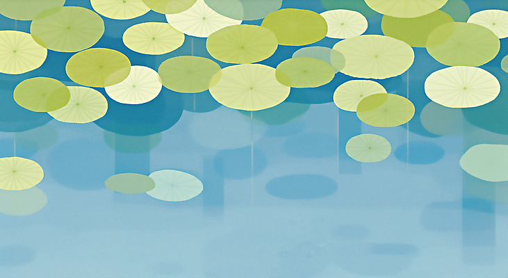 JPG 여유 컬러 하늘색 일러스트 자연 풍경 초록색 반사 평화 수영 고요 감상 물방울 수면 수중식물 뷰티풀 국내일러스트 AI일러스트 AI콘텐츠 식물 감정 컨셉 물 파란색 수상스포츠 생태계 파일형식