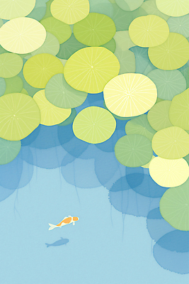 JPG 컬러 하늘색 일러스트 자연 풍경 초록색 물 여름 평화 수중 고요 연못 수면 수중식물 크기 연습 잉어 수련꽃 국내일러스트 AI일러스트 AI콘텐츠 자연요소 식물 계절 꽃 컨셉 어류 파란색 생태계 파일형식