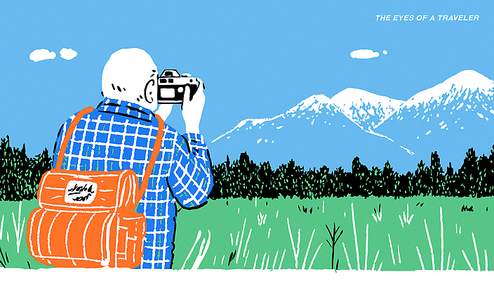 나무 여행 일러스트 배낭 자연 산 풍경 잔디 야외 여행객 카메라 촬영 등산 자유 탐험 도전 기록 감성 국내일러스트 AI파일 식물 컨셉 가방 사람 전자제품 트래킹 생태계 파일형식 벡터