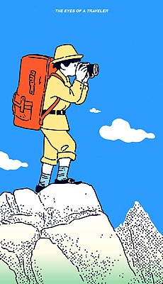 구름 남자 여행 일러스트 모션 자연 하늘 산 풍경 야외 카메라 촬영 등산 장비 도전 정상 플랫폼 모험가 카메라맨 국내일러스트 AI파일 자연요소 교통시설 사람 전자제품 트래킹 사진사 생태계 파일형식 벡터