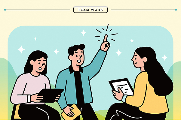 생각 일러스트 모션 커뮤니케이션 협력 아이디어 대화 친구 손들기 작업 발표 그룹 토론 집중 소통 참여 창의성 프로젝트 셰어링 국내일러스트 AI파일 컨셉 관계 말하기 파일형식 벡터 공유경제