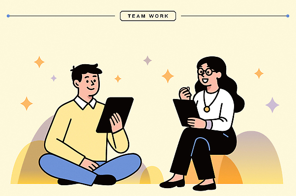 일러스트 비즈니스 모션 협력 아이디어 직장 기술 실내 대화 여러명 태블릿 작업 토론 집중 소통 창의성 피드백 국내일러스트 AI파일 다수 컨셉 회사 말하기 사람 내부 전자제품 스마트기기 파일형식 벡터