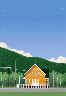 JPG 구름 여유 일러스트 자연 하늘 산 주택 풍경 노란색 평화 환경 고요 시골 신선 숲 조화 국내일러스트 AI일러스트 AI콘텐츠 자연요소 감정 컬러 컨셉 건물 생태계 파일형식