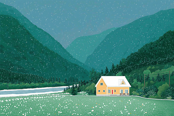 JPG 나무 꽃 겨울 일러스트 자연 하늘 바람 산 주택 풍경 잔디 초원 강 노란색 환경 고요 눈 조용 뷰티풀 국내일러스트 AI일러스트 AI콘텐츠 자연요소 식물 계절 컬러 날씨 건물 생태계 파일형식