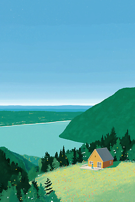 JPG 일러스트 자연 바람 산 주택 풍경 초원 초록색 여름 강 노란색 평화 자연보호 환경 고요 시골 편안함 주민 경관 국내일러스트 AI일러스트 AI콘텐츠 자연요소 계절 컬러 컨셉 날씨 건물 감각 보호 생태계 파일형식