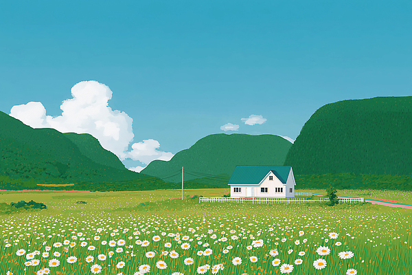 JPG 꽃 여유 일러스트 자연 하늘 산 주택 풍경 초원 평화 고요 들꽃 시골 조화 만개 안식처 화창 목가 국내일러스트 AI일러스트 AI콘텐츠 식물 감정 컨셉 날씨 휴식 건물 생태계 파일형식