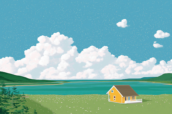 JPG 구름 호수 여유 여행 일러스트 자연 하늘 바람 산 주택 풍경 잔디 초원 여름 인테리어 노란색 평화 향기 뷰티풀 국내일러스트 AI일러스트 AI콘텐츠 자연요소 식물 디자인 계절 감정 컬러 컨셉 날씨 건물 생태계 냄새 파일형식