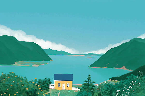 JPG 식물 계절 여유 바다 여행 백그라운드 일러스트 자연 산 주택 풍경 해변 평화 환경 고요 시골 언덕 조화 국내일러스트 AI일러스트 AI콘텐츠 감정 컨셉 건물 생태계 파일형식