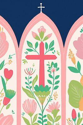 JPG 전통 디자인 꽃 기독교 종교 예술 꽃다발 십자가 일러스트 자연 장식 교회 평화 분위기 예배 화사함 뷰티풀 색감 국내일러스트 AI일러스트 AI콘텐츠 식물 컨셉 종교건축 건물 생태계 파일형식