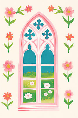 JPG 디자인 꽃 예술 컬러 꽃밭 패턴 일러스트 창문 자연 풍경 장식 초록색 여름 햇빛 교회 흰색 만화 벽화 뷰티풀 국내일러스트 AI일러스트 AI콘텐츠 식물 계절 무늬 종교건축 건물 태양 그림 생태계 파일형식