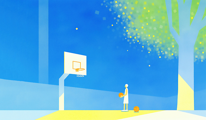 JPG 나무 캐릭터 여유 어린이 스포츠 일러스트 모션 놀이 농구 농구공 풍경 야외 여름 햇빛 코트 신선 그림 조화 오후 일러캐릭터 AI일러스트 AI콘텐츠 식물 계절 감정 공 사람 태양 구기 외투 파일형식