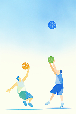 JPG 남자 스포츠 일러스트 공 모션 놀이 하늘 협력 설계 농구 건강 청년 야외 여름 파란색 운동 던지기 집중 즐거움 국내일러스트 AI일러스트 AI콘텐츠 계절 감정 컬러 컨셉 사람 성인 구기 파일형식