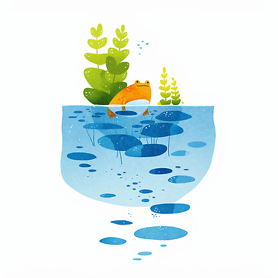 JPG 동물 호수 일러스트 자연 생명 생물 개구리 초록색 물 평화 환경 수영 고요 물방울 연못 수면 수중식물 생태계 조화 국내일러스트 AI일러스트 AI콘텐츠 자연요소 식물 컬러 컨셉 양서류 수상스포츠 파일형식