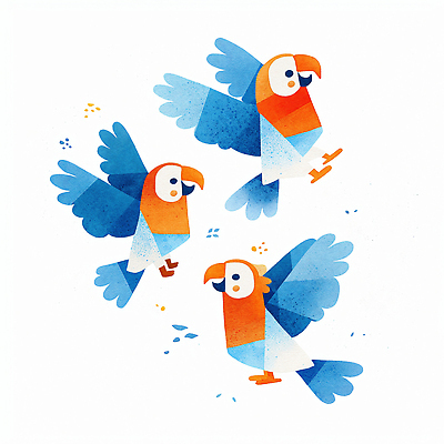 JPG 동물 날개 일러스트 자연 조류 하늘 파란색 평화 주황색 활발 자유 탐험 비행 즐거움 그림 장면 뷰티풀 생동감 국내일러스트 AI일러스트 AI콘텐츠 감정 컬러 컨셉 생태계 파일형식