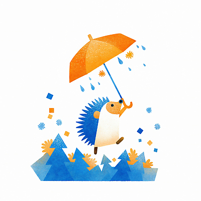 JPG 나무 동물 캐릭터 컬러 일러스트 우산 자연 풍경 파란색 소풍 귀여움 주황색 보호 즐거움 고슴도치 일러캐릭터 AI일러스트 AI콘텐츠 식물 감정 컨셉 포유류 야외활동 생태계 파일형식