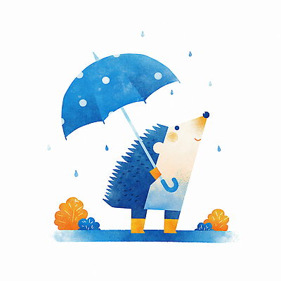 JPG 동물 캐릭터 디자인 일러스트 우산 자연 파란색 노란색 귀여움 오브젝트 감성 비구름 고슴도치 아기자기 일러캐릭터 AI일러스트 AI콘텐츠 컬러 컨셉 포유류 먹구름 생태계 파일형식 구름_자연